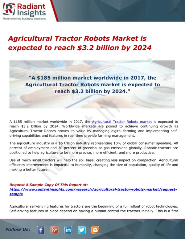 Agricultural Tractor Robots Market is expected to reach $3.2 billion by 2024