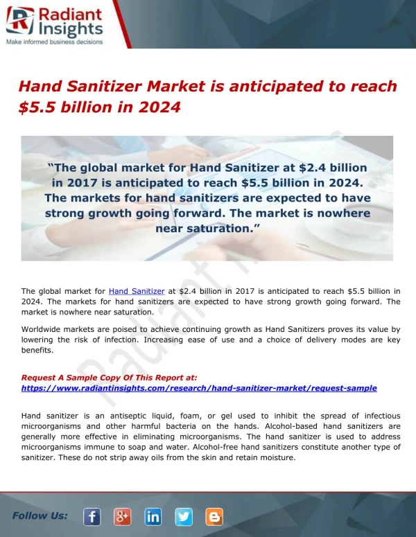 Hand Sanitizer Market is anticipated to reach $5.5 billion in 2024