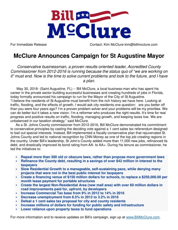 McClure Announces Campaign for St Augustine Mayor