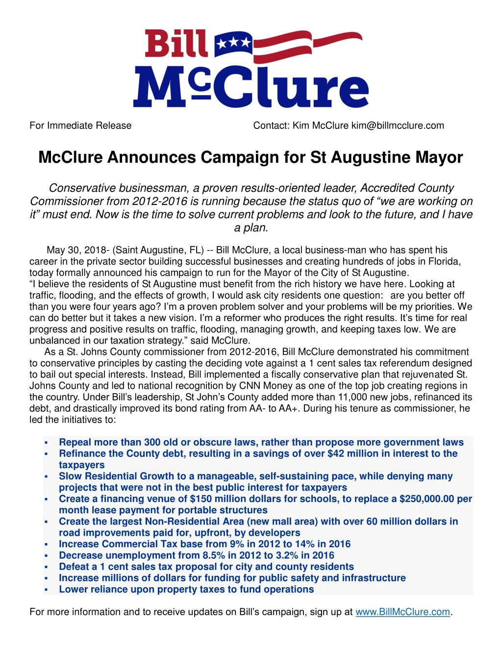 for immediate release mcclure announces campaign