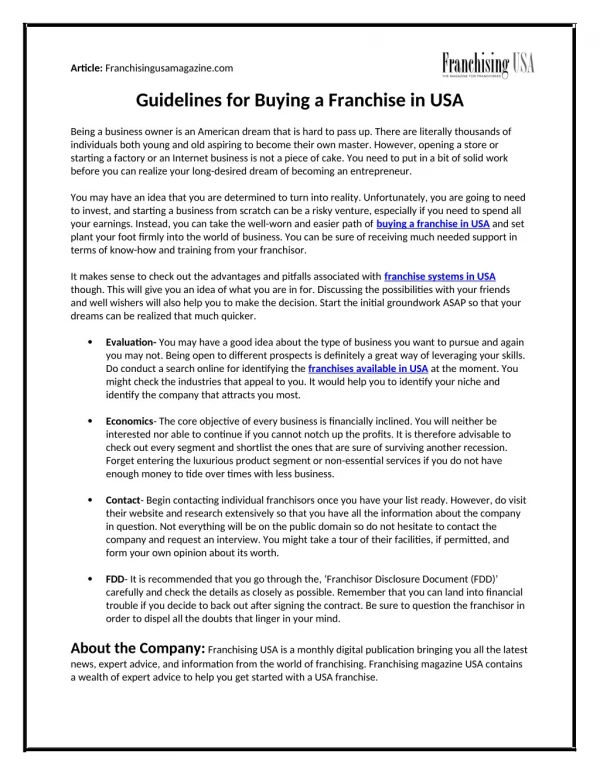 Guidelines for Buying a Franchise in USA