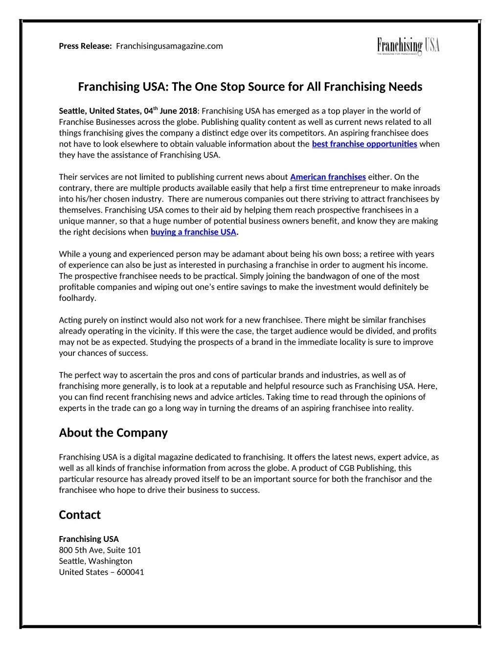 press release franchisingusamagazine com