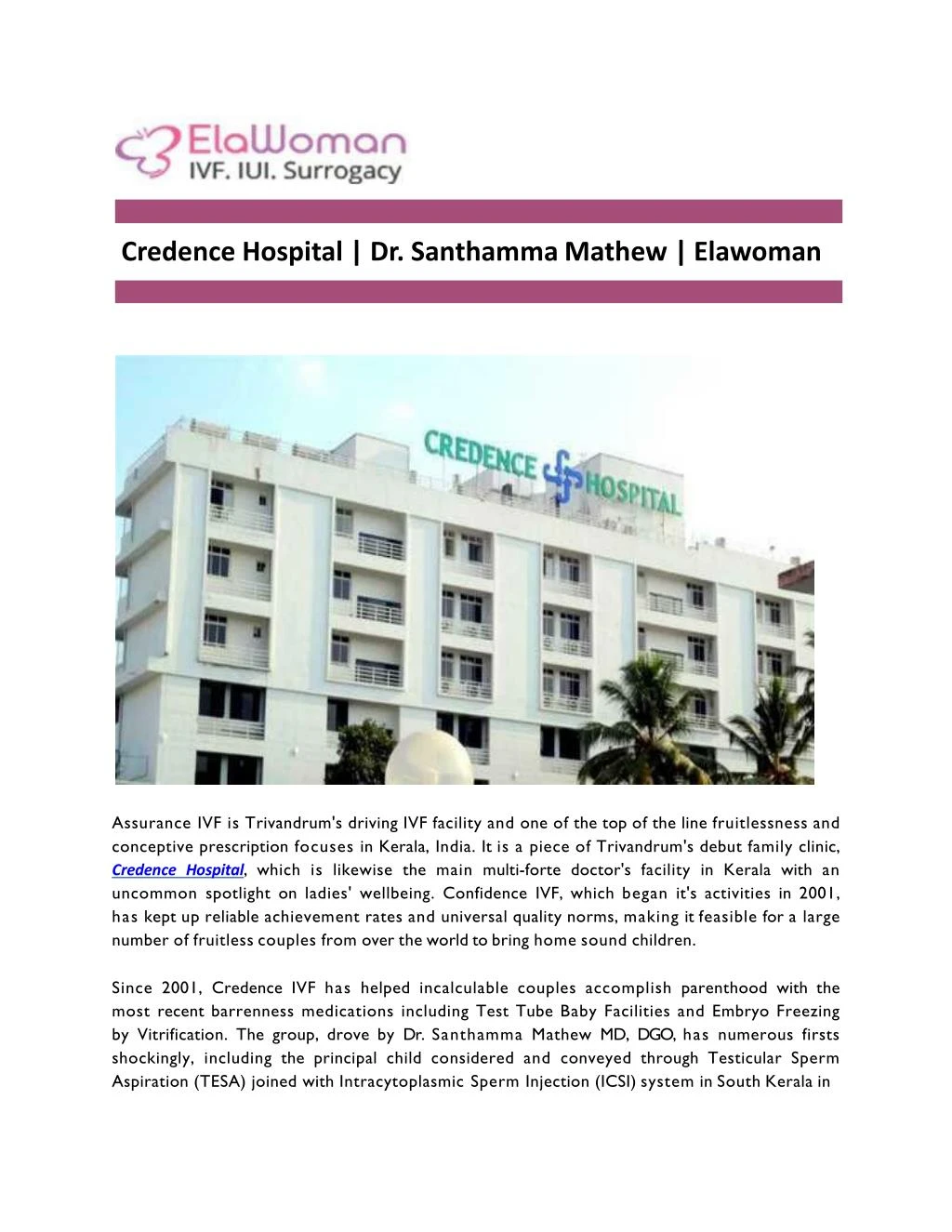 credence hospital dr santhamma mathew elawoman