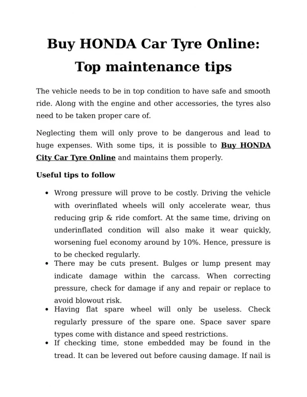 Buy HONDA Car Tyre Online: Top maintenance tips