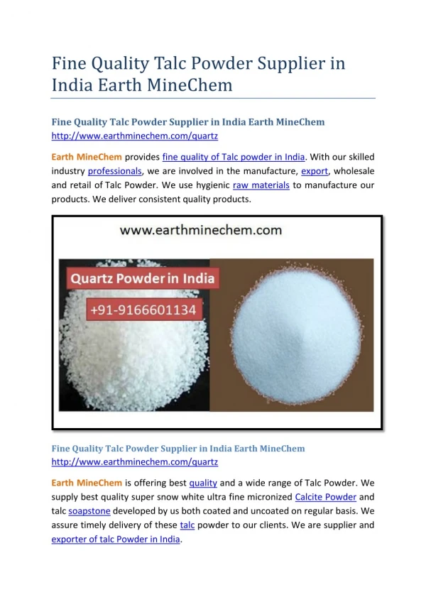 Fine Quality Talc Powder Supplier in India Earth MineChem