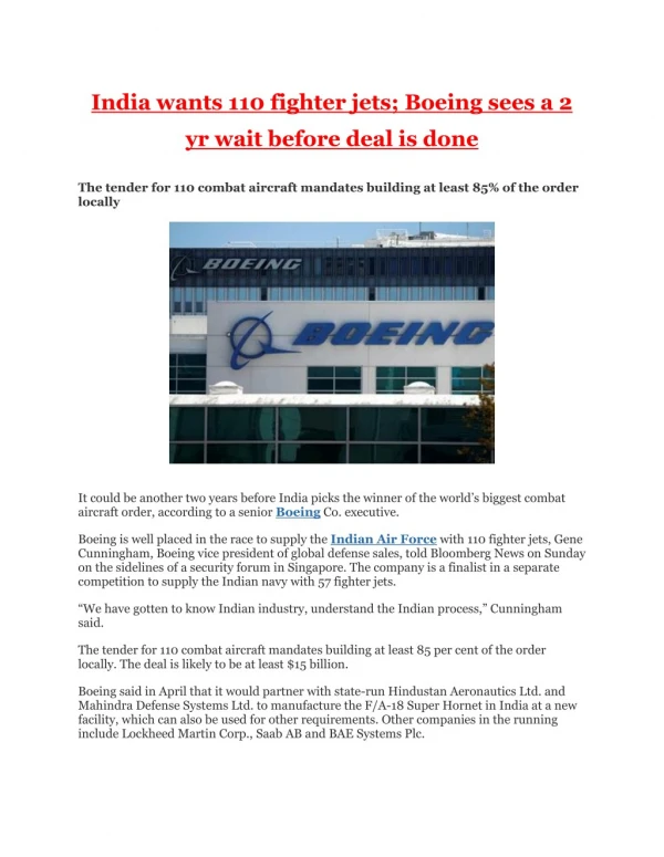 India wants 110 fighter jets - Boeing sees a 2 yr wait before deal is done