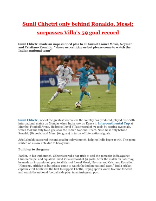 Sunil Chhetri only behind Ronaldo, Messi; surpasses Villa's 59 goal record