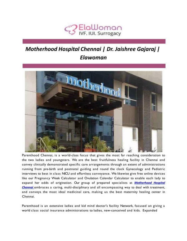 Motherhood Hospital Chennai | Dr. Jaishree Gajaraj | Elawoman