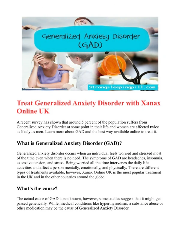Treat Generalized Anxiety Disorder with Xanax Online UK