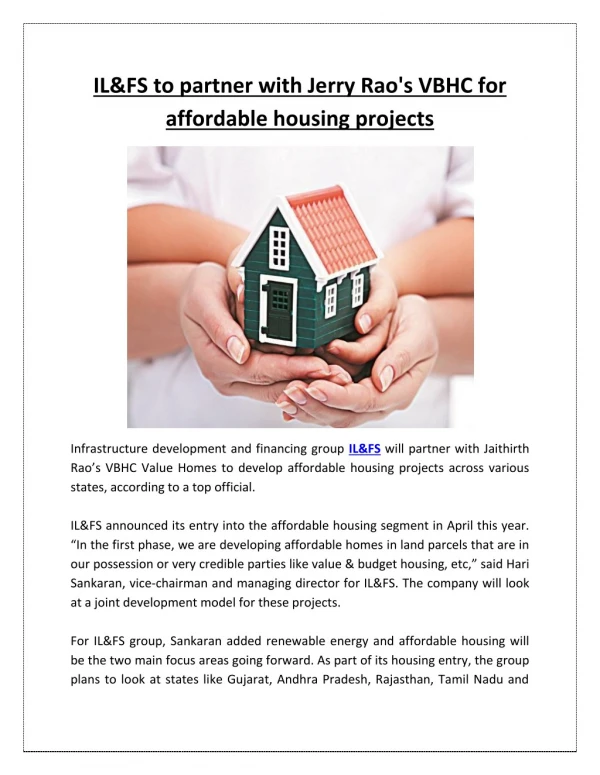 IL&FS to Partner With Jerry Rao's VBHC for Affordable Housing Projects