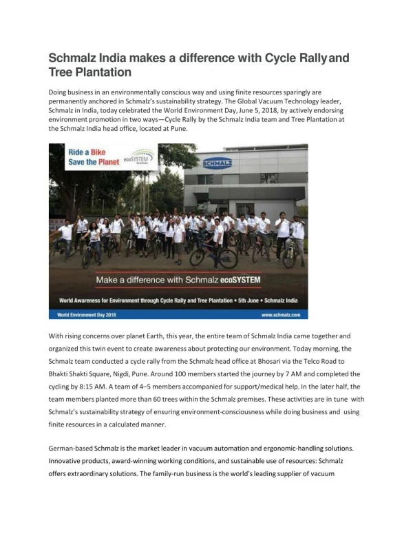 Schmalz India makes a difference with Cycle Rally and Tree Plantation