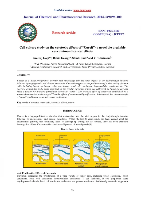 Cell culture study on the cytotoxic effects of “Cureit”- a novel bio available curcumin-anti cancer effects