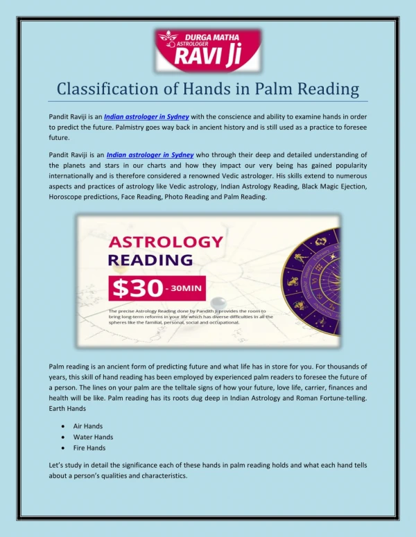 Classification of Hands in Palm Reading