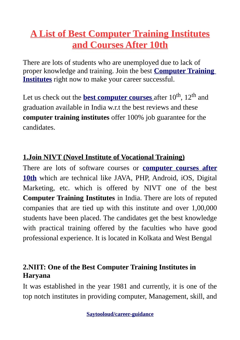 a list of best computer training institutes