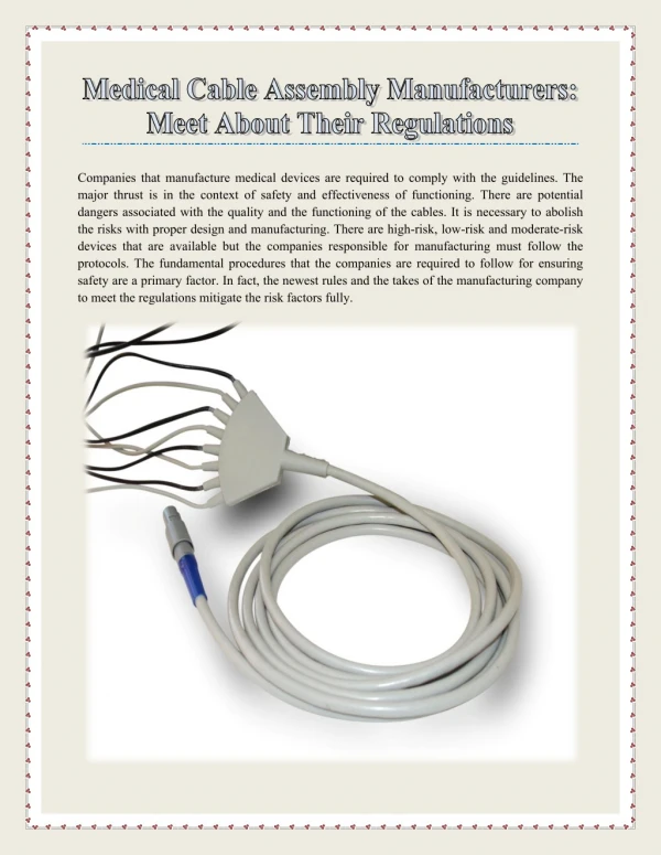 Medical Cable Assembly Manufacturers:Meet About Their Regulations