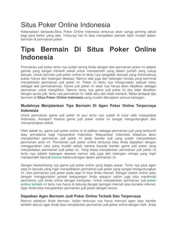 Situs Poker Online Indonesia