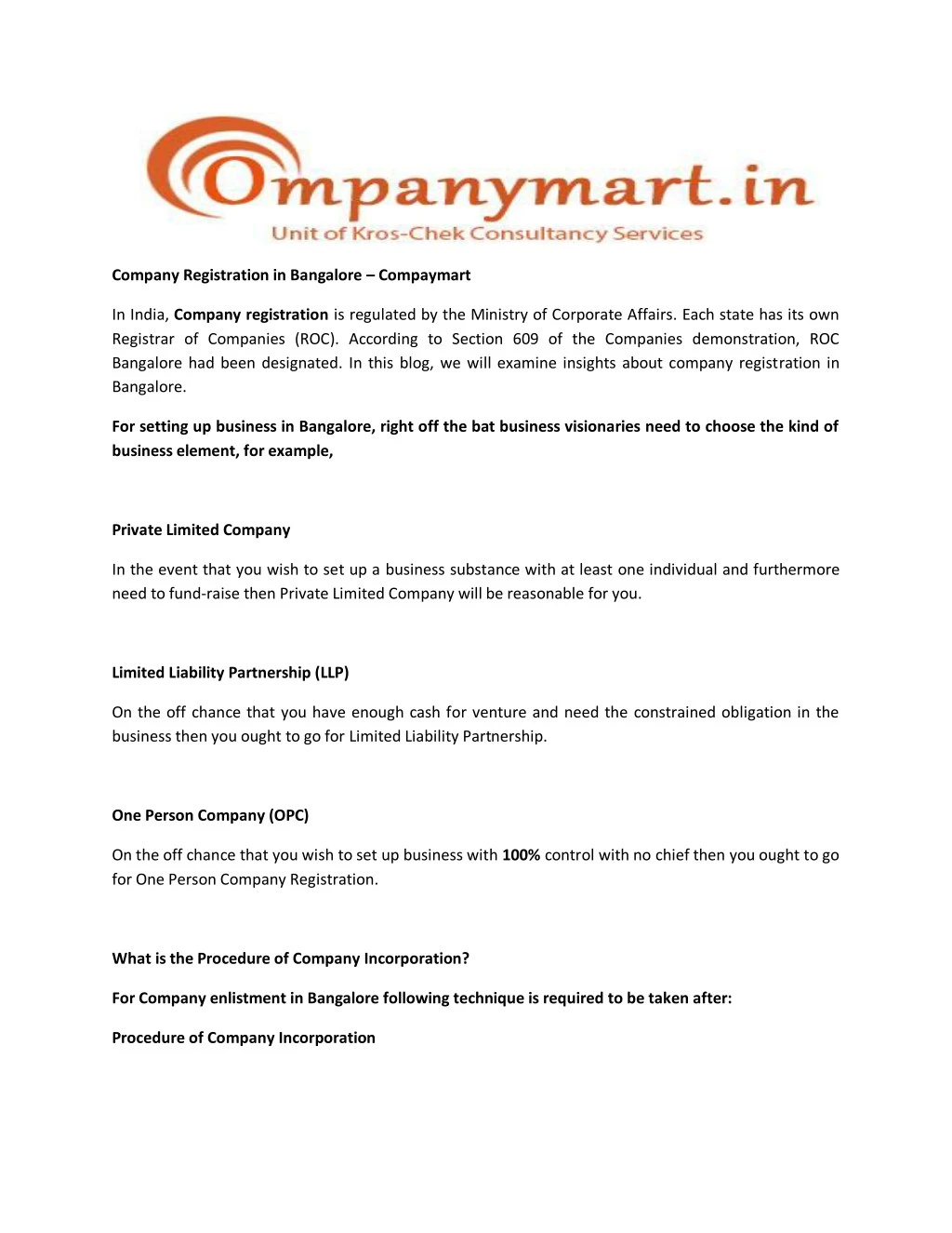 company registration in bangalore compaymart