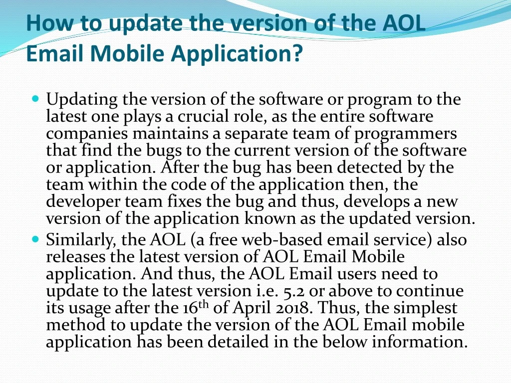 how to update the version of the aol email mobile