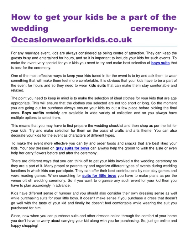 How to get your kids be a part of the wedding ceremony- Occasionwearforkids.co.uk