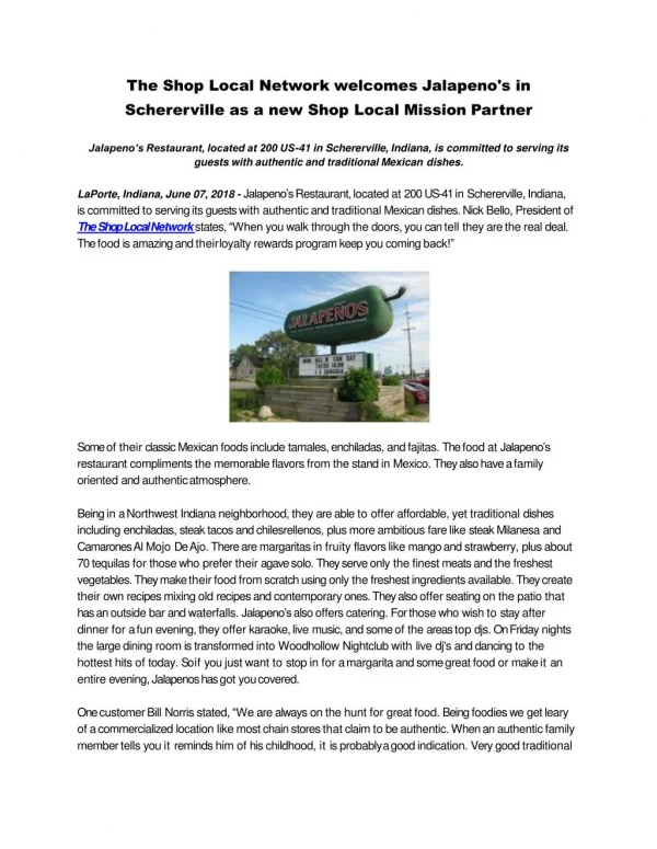 The Shop Local Network welcomes Jalapeno's in Schererville as a new Shop Local Mission Partner