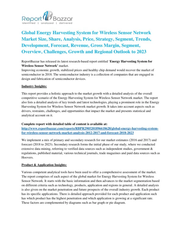 Energy Harvesting System for Wireless Sensor Network Market Capacity Forecasts, Industry intelligence, Price Trends An