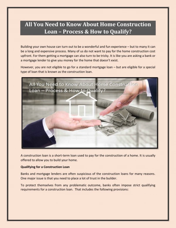 All You Need to Know About Home Construction Loan â€“ Process & How to Qualify