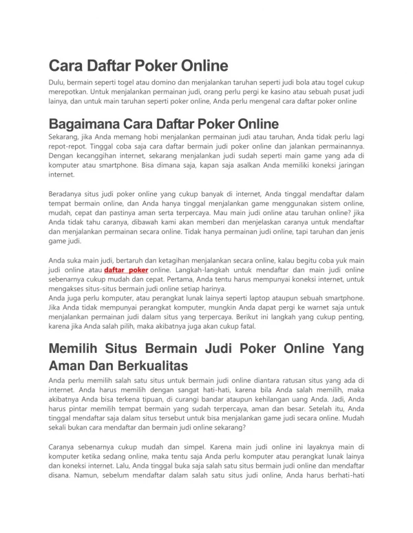 Cara Daftar Poker Online