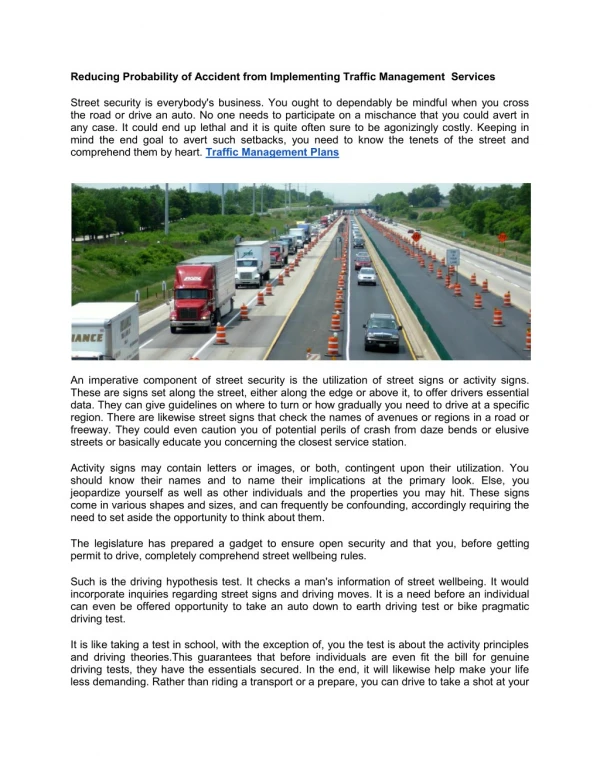 Reducing Probablitity of Accident from Implementing Traffic Management Services