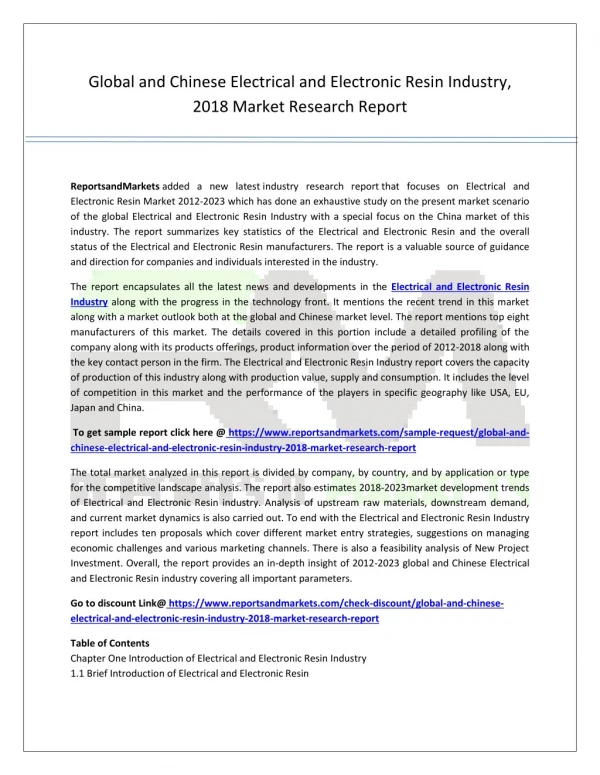 Global and Chinese Electrical and Electronic Resin Industry, 2018 Market Research Report