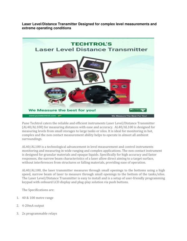Laser Level/Distance Transmitter Designed for complex level measurements and extreme operating conditions