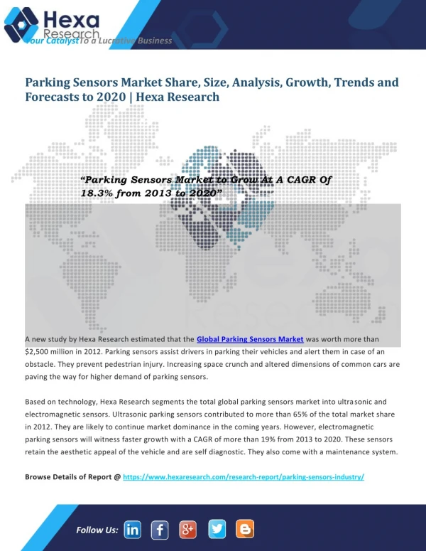 Global Parking Sensors Industry Growth, Demand and Forecast Report to 2020