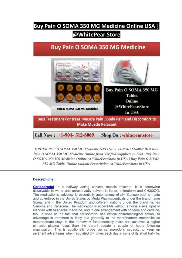 Buy Pain O SOMA 350 MG Medicine Online USA | @WhitePear.Store