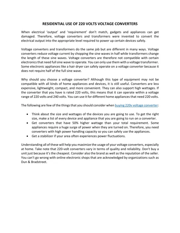 RESIDENTIAL USE OF 220 VOLTS VOLTAGE CONVERTERS
