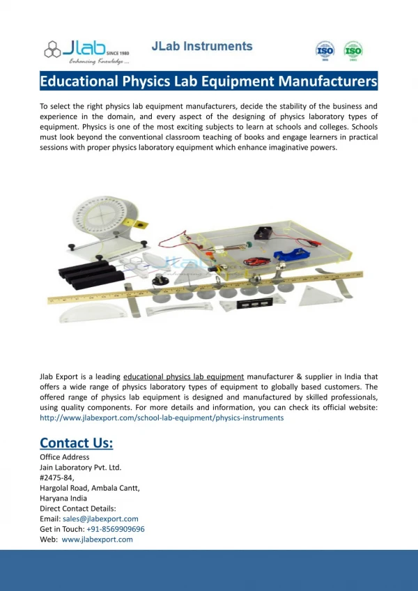 Educational Physics Lab Equipment Manufacturers-Jlab Export