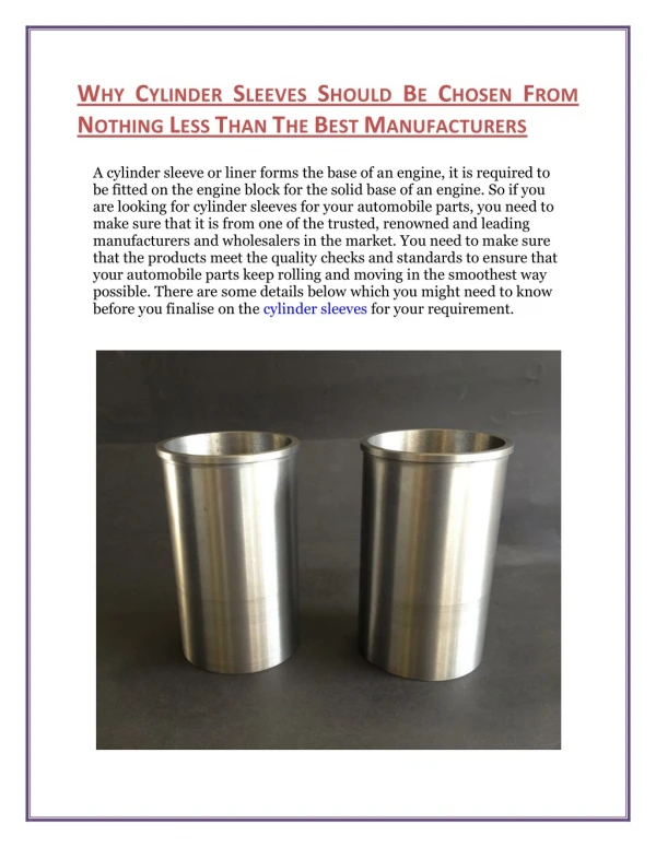 Why Cylinder Sleeves Should Be Chosen From Nothing Less Than The Best Manufacturers