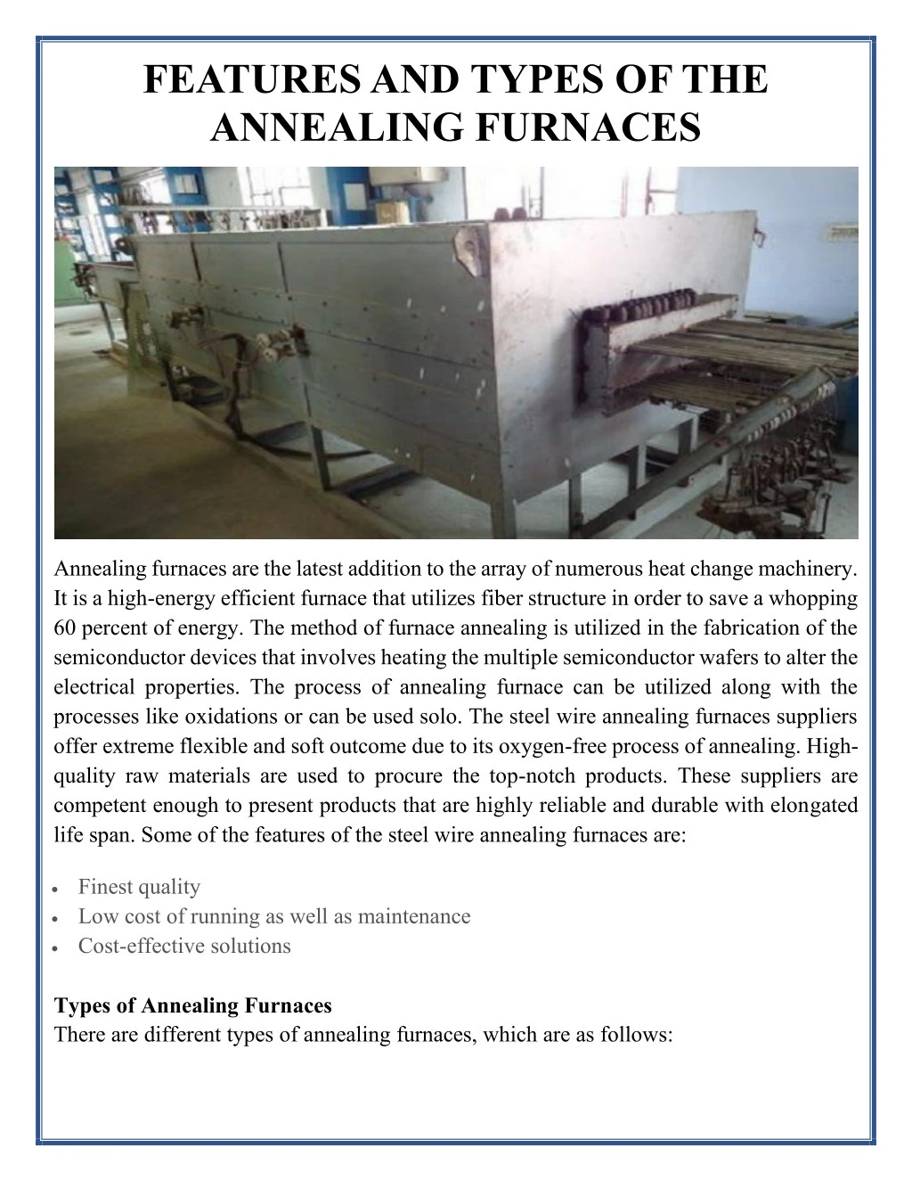 features and types of the annealing furnaces