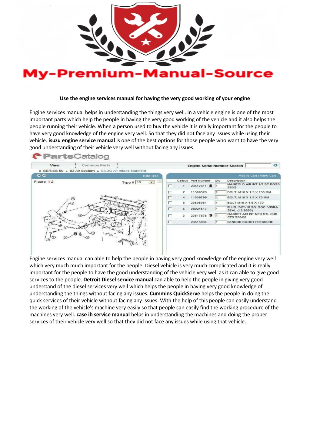 use the engine services manual for having