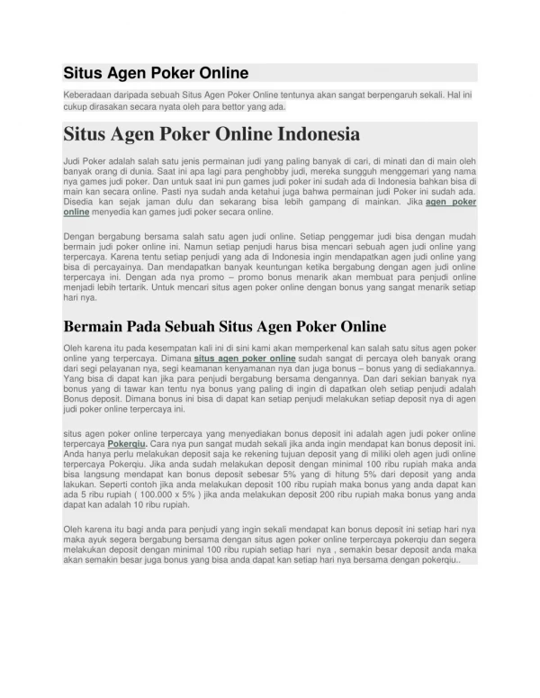 Situs Agen Poker Online