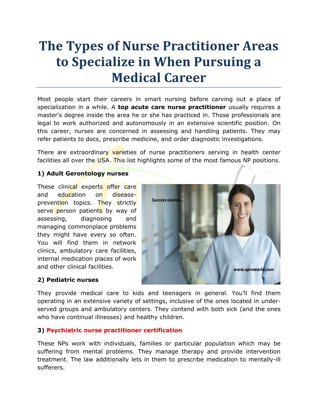 the types of nurse practitioner areas