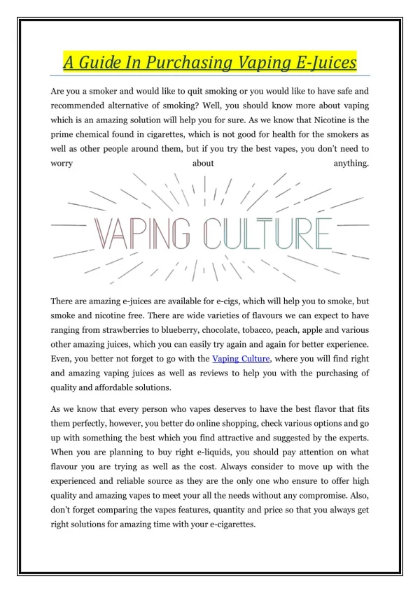 A Guide In Purchasing Vaping E-Juices