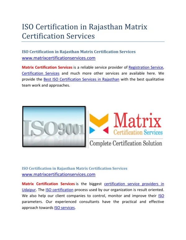 ISO Certification in Rajasthan Matrix Certification Services