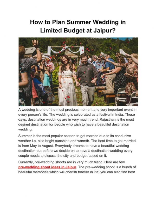 How to Plan Summer Wedding in Limited Budget at Jaipur?