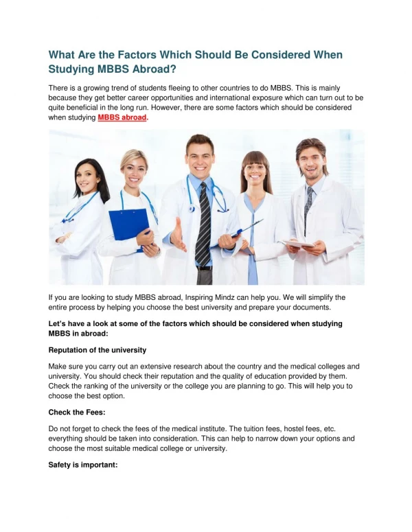 What Are The Factors Which Should Be Considered When Studying MBBS Abroad?