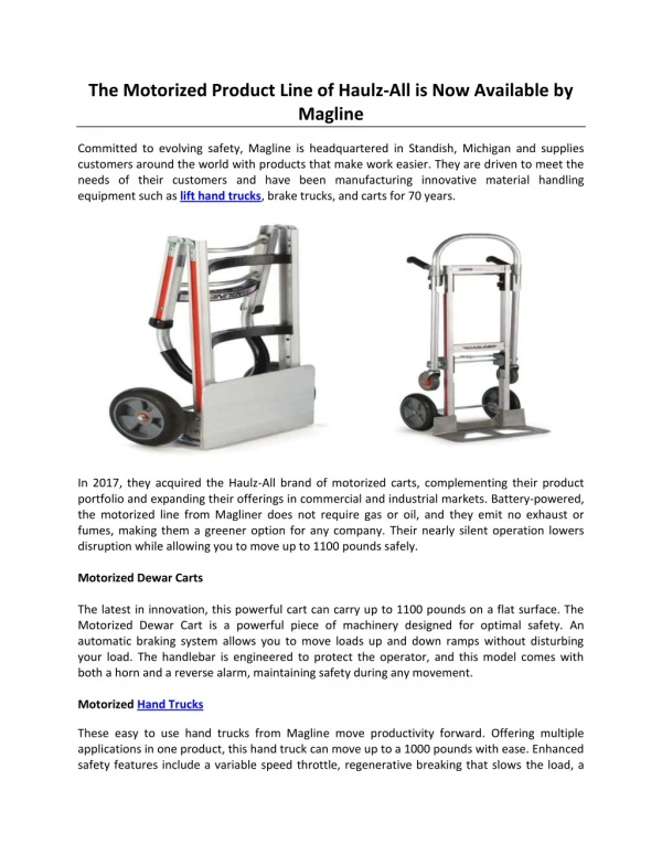 The Motorized Product Line of Haulz-All is Now Available by Magline