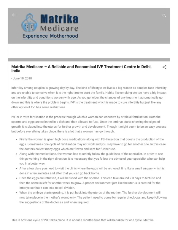 Matrika Medicare – A Reliable and Economical IVF Treatment Centre in Delhi, India