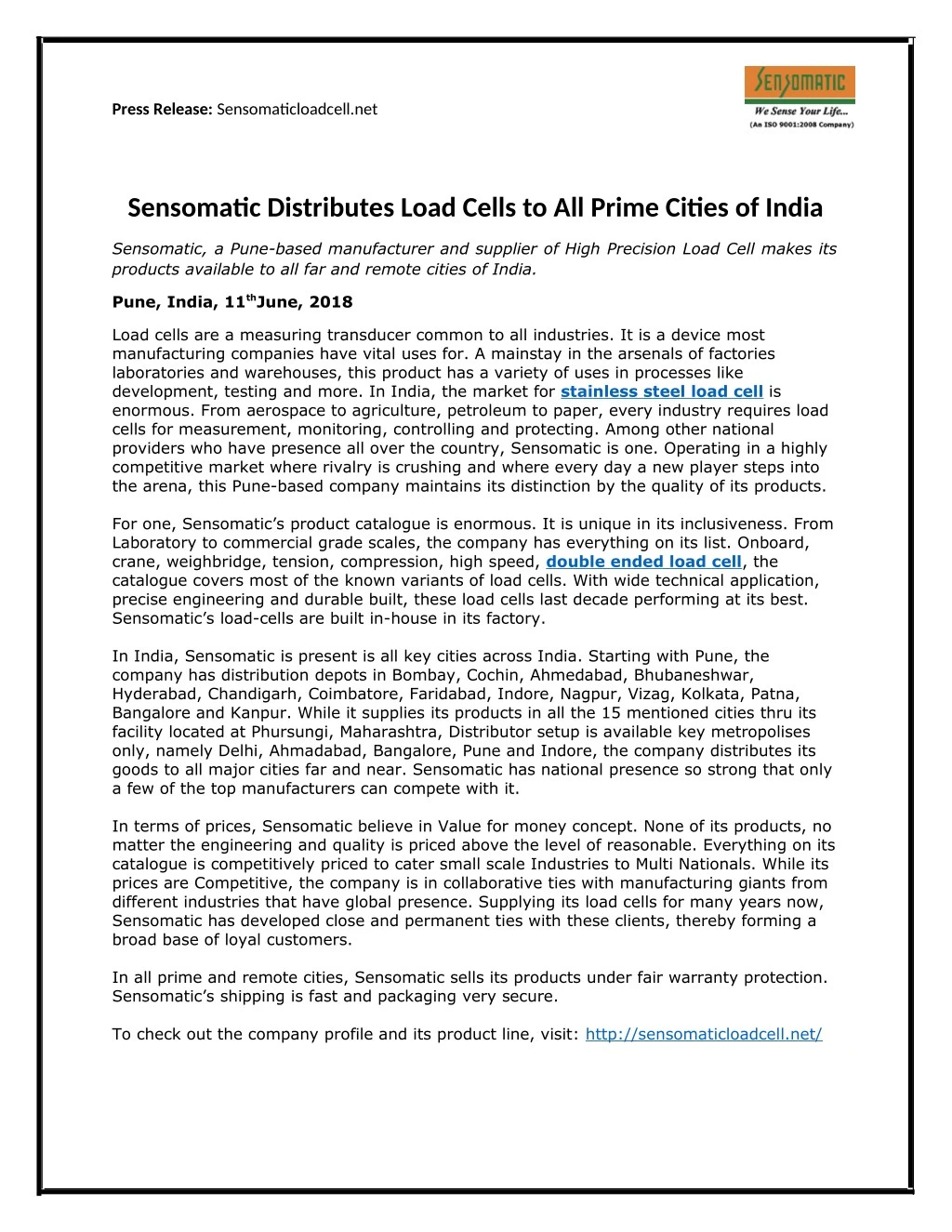 press release sensomaticloadcell net