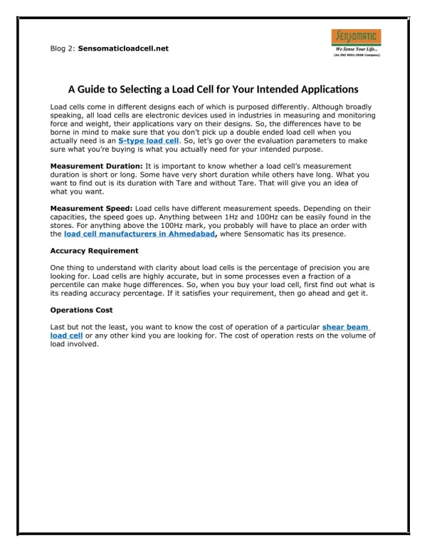 A Guide to Selecting a Load Cell for Your Intended Applications