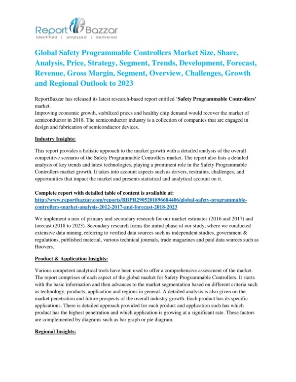 Global Safety Programmable Controllers Market 2018 â€“ Industry Analysis, Size, Share, Strategies and Forecast to 2023