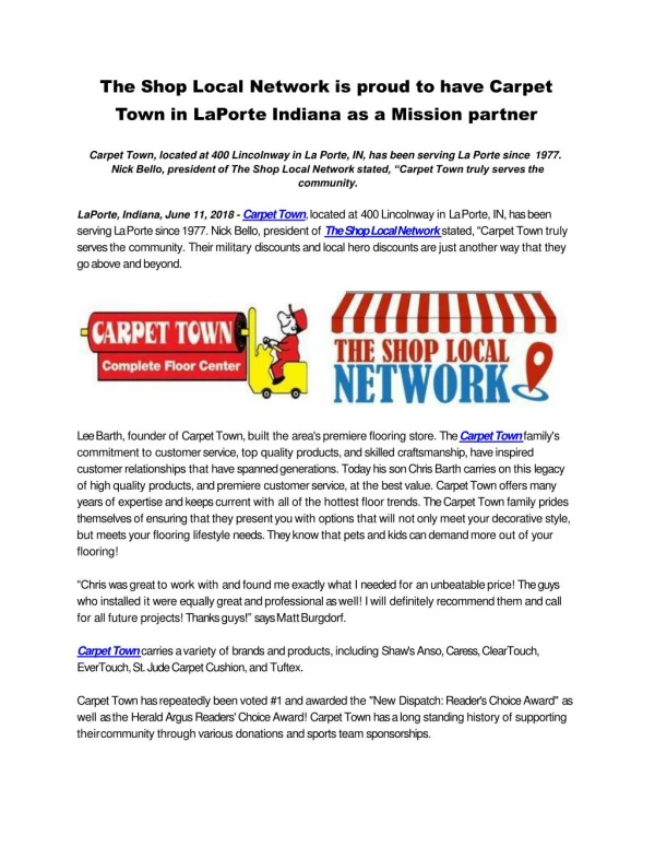 The Shop Local Network is proud to have Carpet Town in LaPorte Indiana as a Mission partner