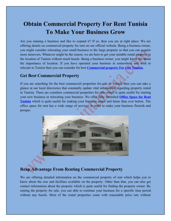Obtain Commercial Property For Rent Tunisia To Make Your Business Grow